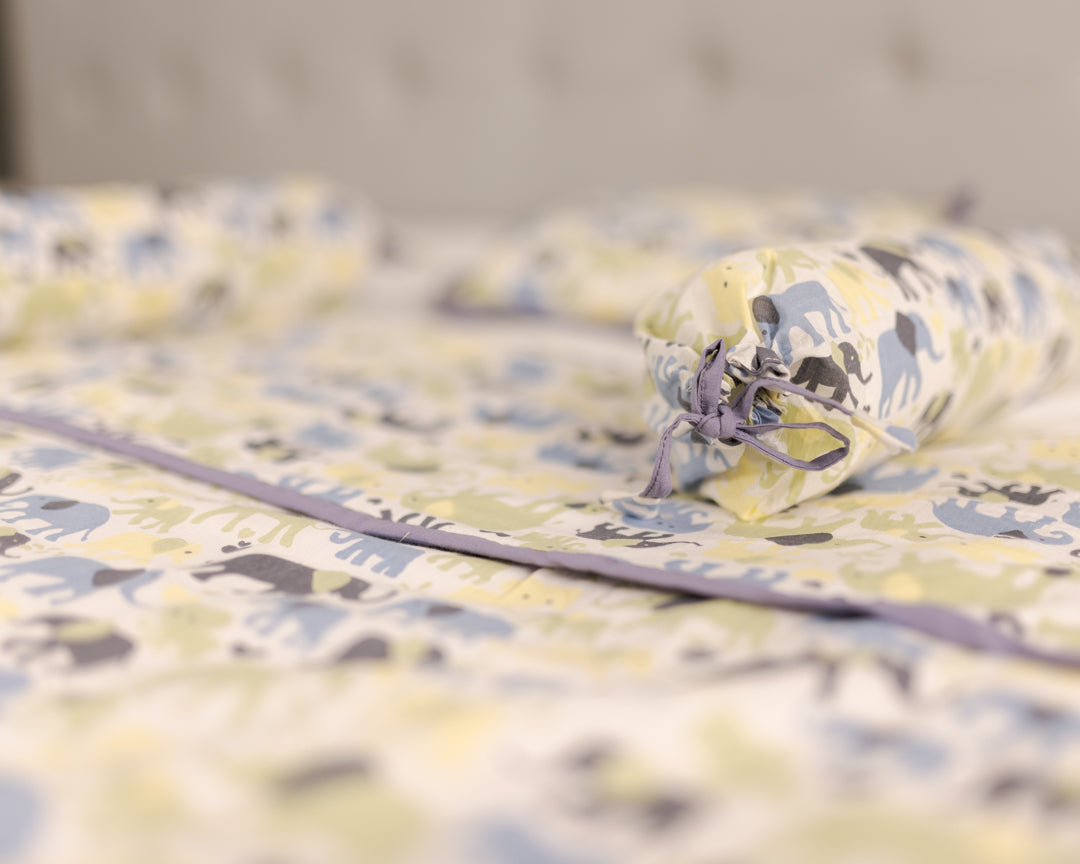 Baby Bedding Set 4 Pc Green Blue Elephant Herd Block Print 3 (6722470641763)