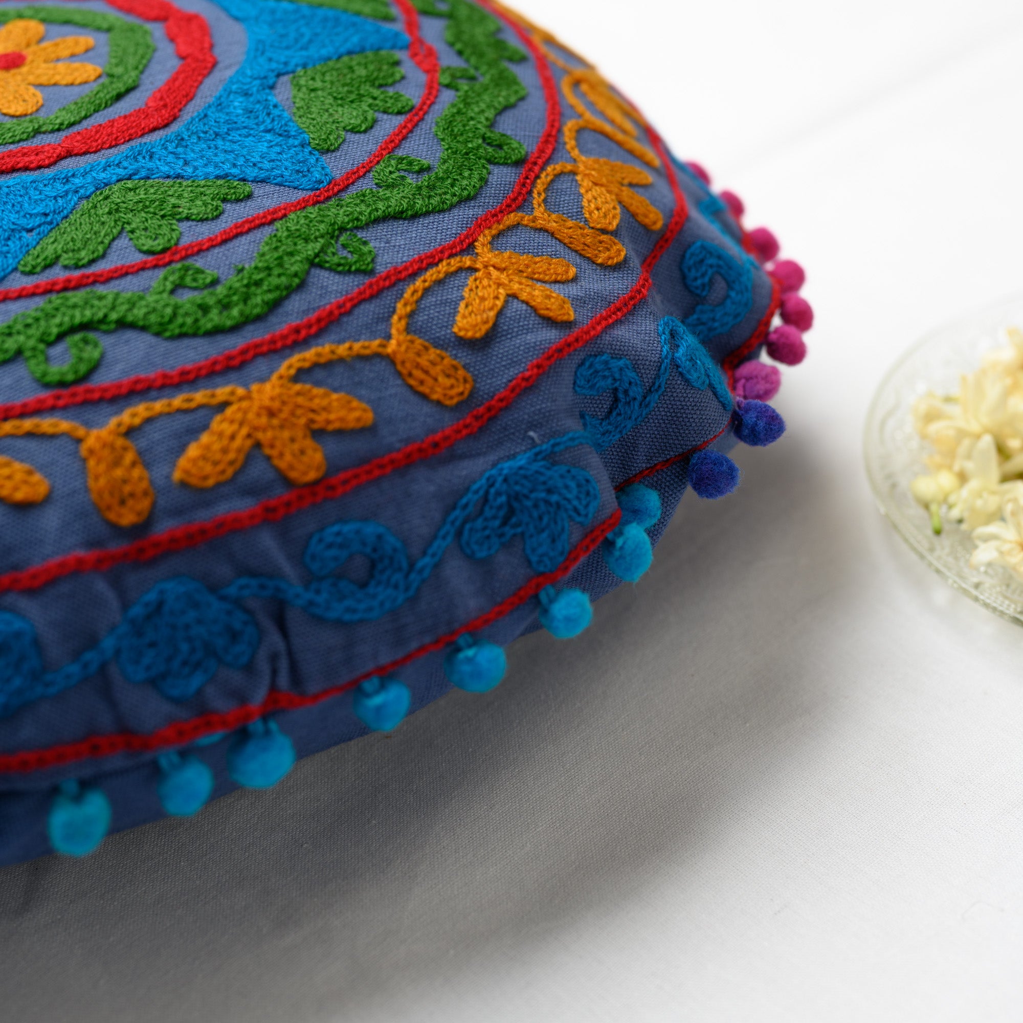 Canvas Floral Emroidered Round Cushion Cover Blue 16 Inch (6768226730083)