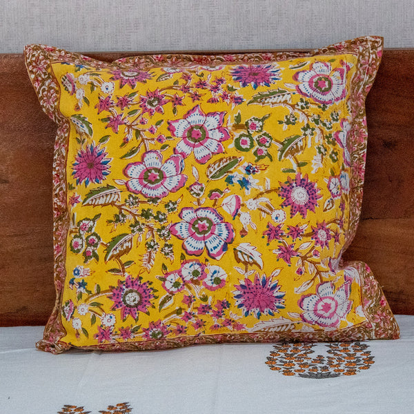 Cotton Cushion Cover Reversible Yellow Pink Floral Jaal Block Print 1 (6708806844515)