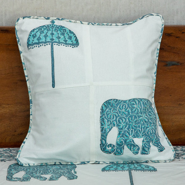Cotton Cushion Cover Turquoise Elephant Patch Work 1 (6693437833315)