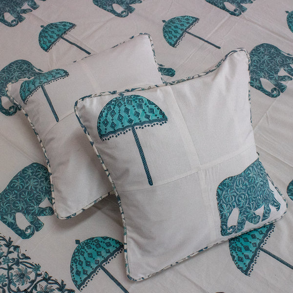 Cotton Cushion Cover Turquoise Elephant Patch Work (6693437833315)