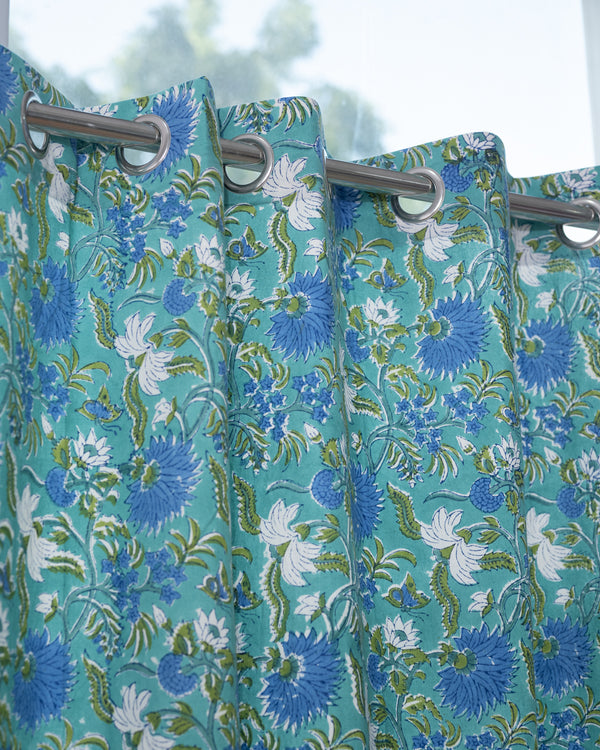Cotton Curtain Sea Green Blue Floral Jaal Block Print 1 (6708835516515)