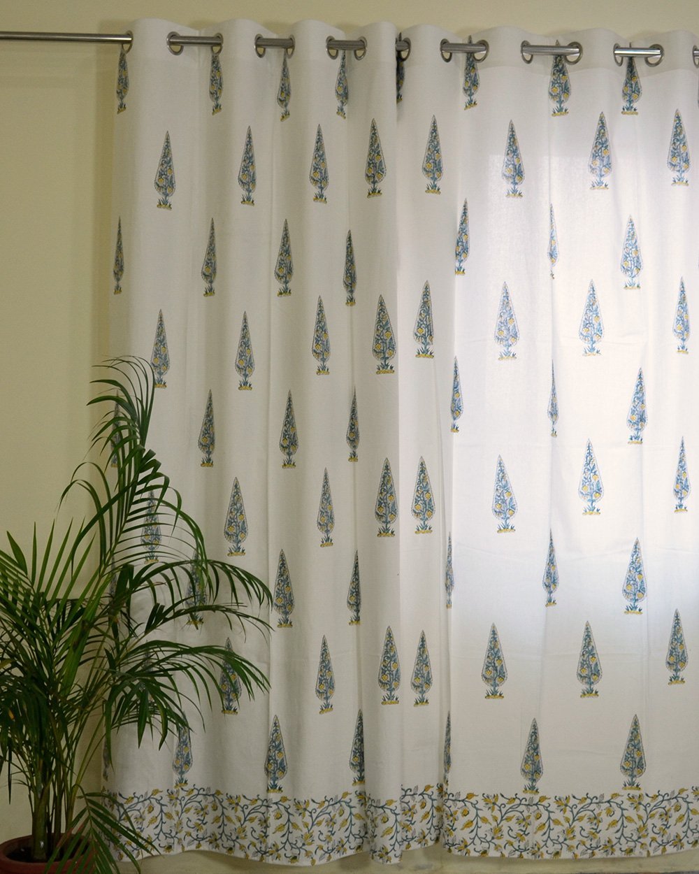 Cotton Curtain White Grey Cedar Block Print (4776662499427)