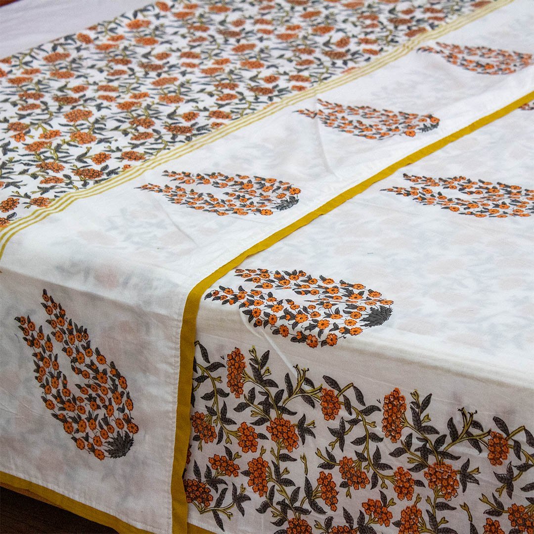 Cotton Double Bed Duvet Cover Orange Grey Floral Jaal Block Print 3 (6648085381219)