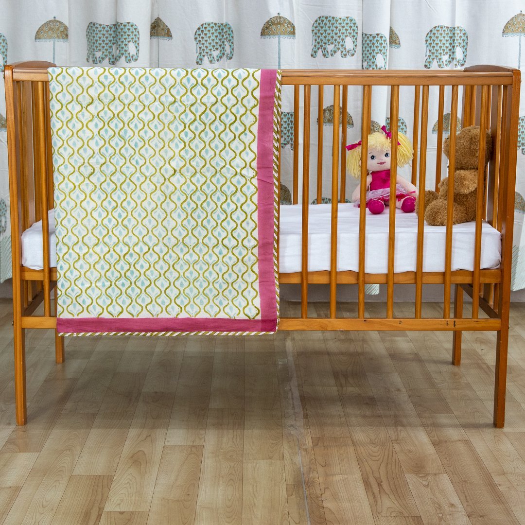 Cotton Mulmul Baby Dohar White Pink Guldasta Block Print 2 (6595514466403)