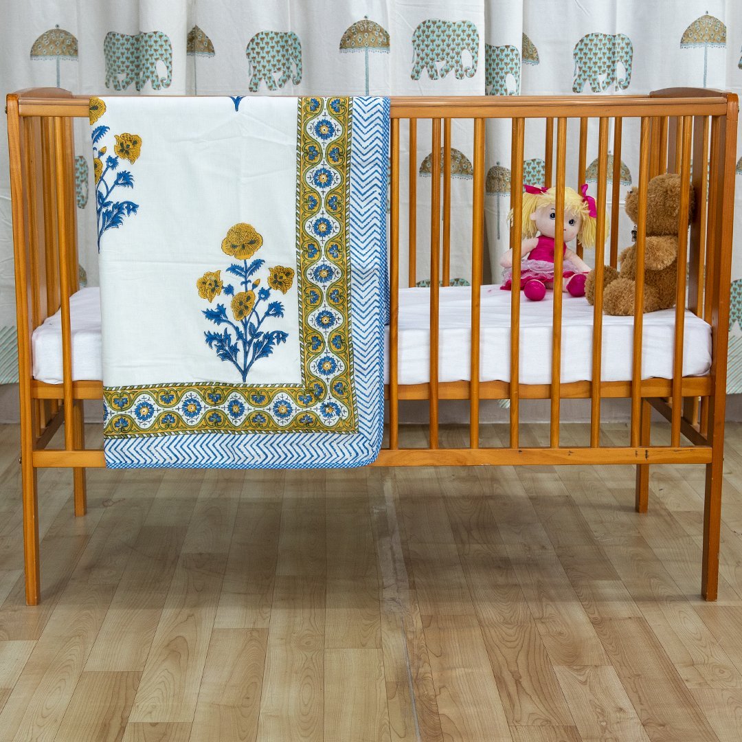 Cotton Mulmul Baby Dohar Orange Blue Floral Boota Block Print 1 (6595514695779)