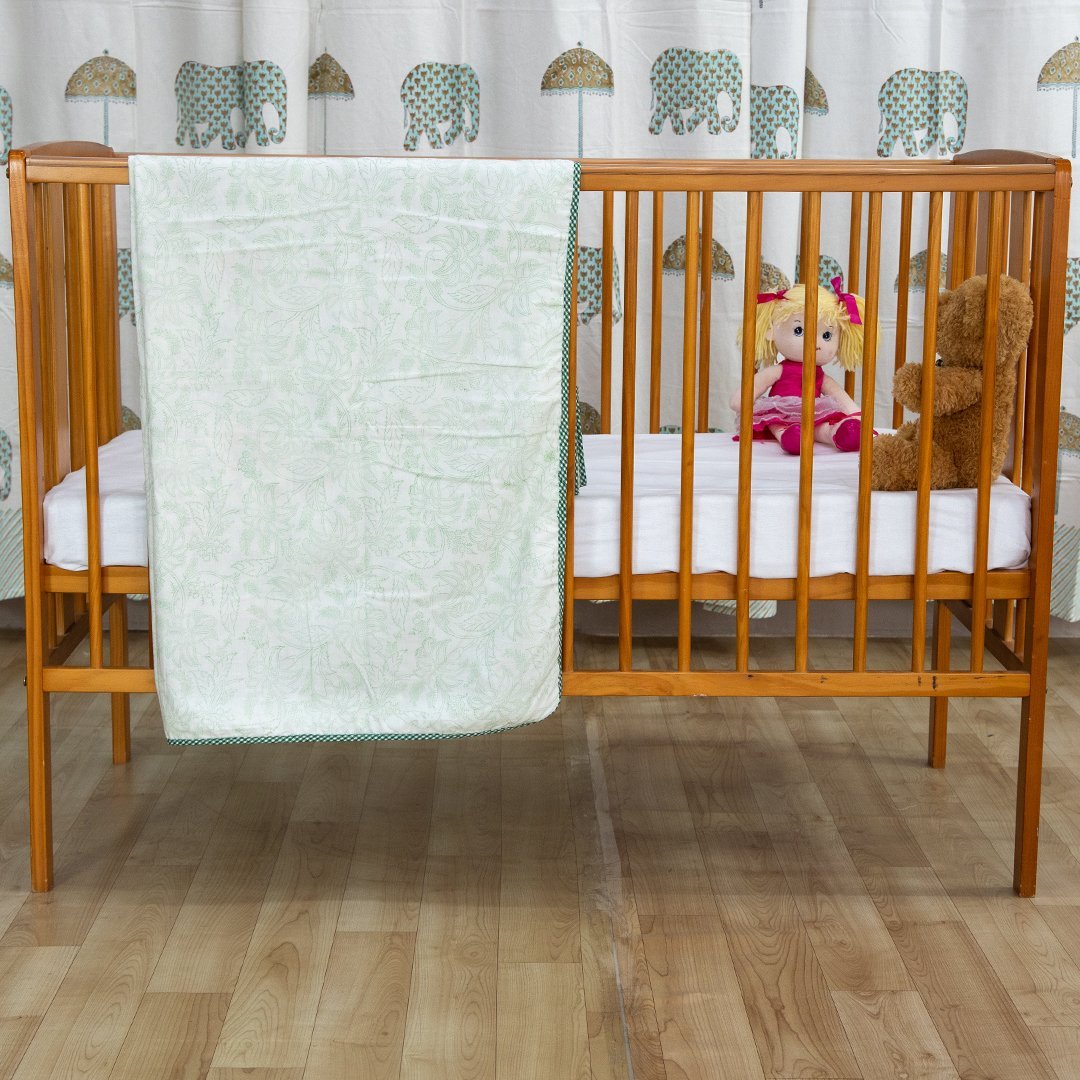 Cotton Mulmul Baby Dohar Green Pink Floral Jaal Block Print 2 (6639069364323)