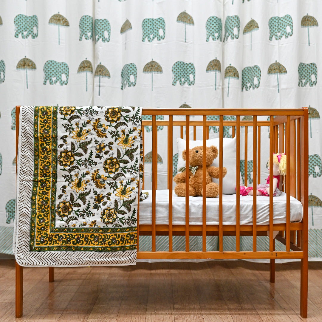 Cotton Mulmul Baby Dohar Yellow Green Floral Jaal Block Print2 (6639069429859)