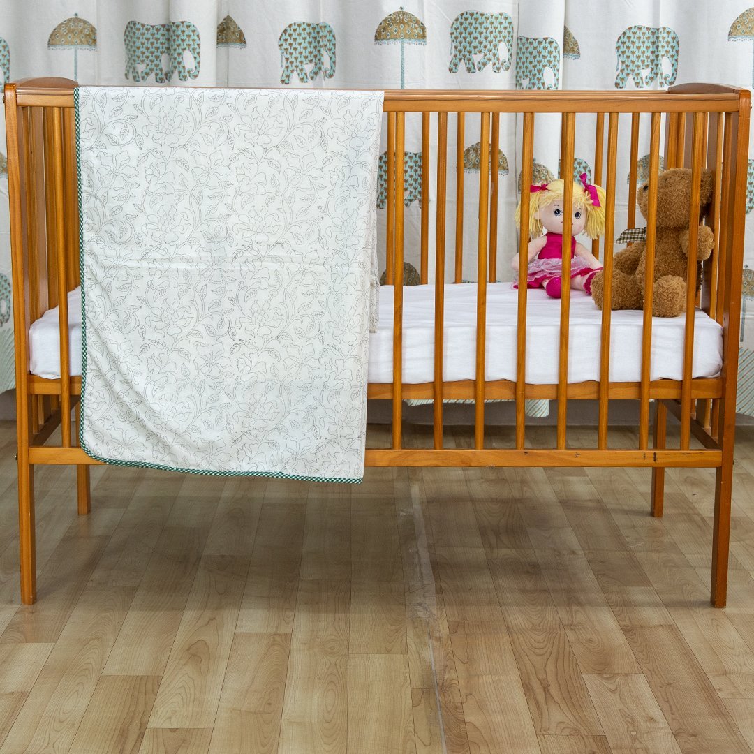 Cotton Mulmul Baby Dohar Pink Green Paisley Block Print 2 (6639069462627)