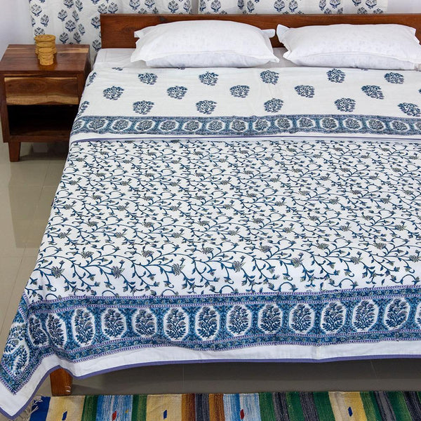 Cotton Mulmul Double Bed AC Quilt Dohar Blue Grey Floral Bel Block Print (4789993767011)