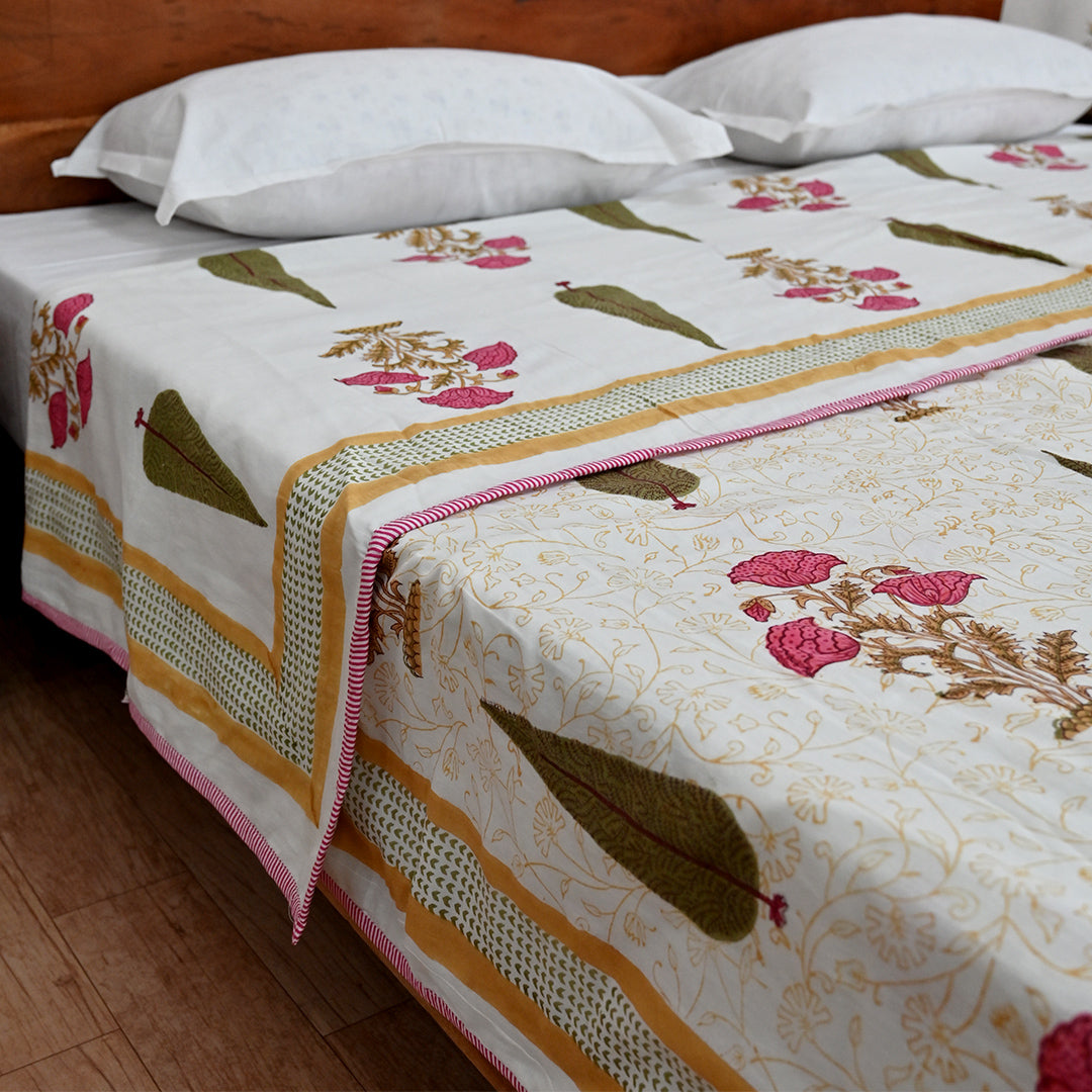 Cotton Mulmul Double Bed Dohar AC Quilt Pink Brown Floral Boota Block Print 4 (6648171888739)