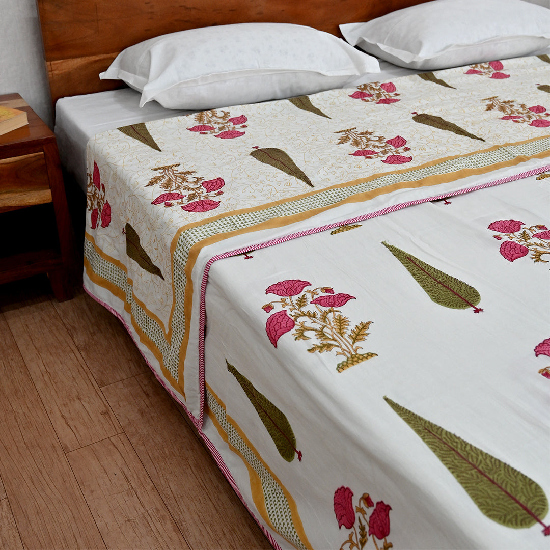 Cotton Mulmul Double Bed Dohar AC Quilt Pink Brown Floral Boota Block Print 2 (6648171888739)