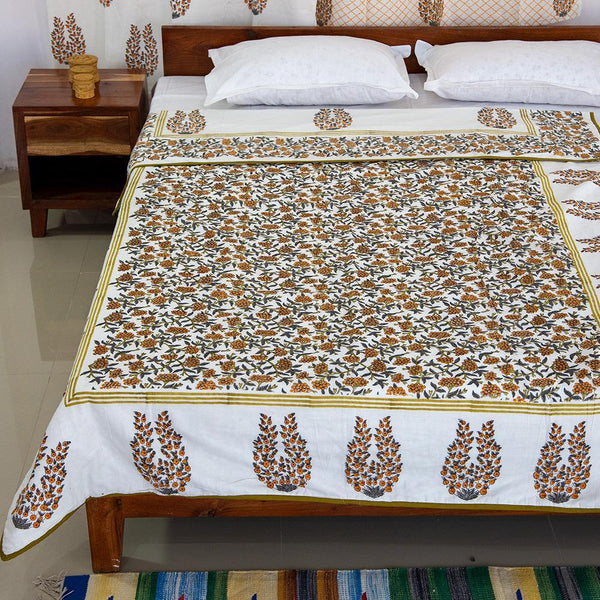 Cotton Mulmul Single Bed AC Quilt Dohar Orange Grey Floral Jaal Block Print 2 (4790008414307)