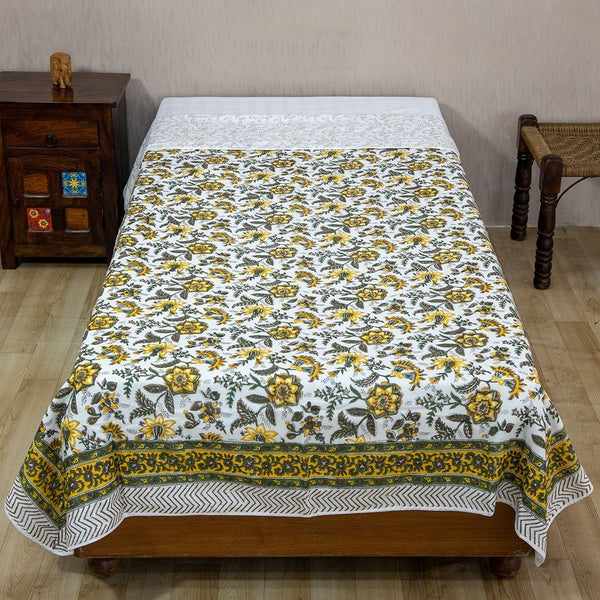 Cotton Mulmul Single Bed Dohar Yellow Green Floral Jaal Block Print (6639109046371)