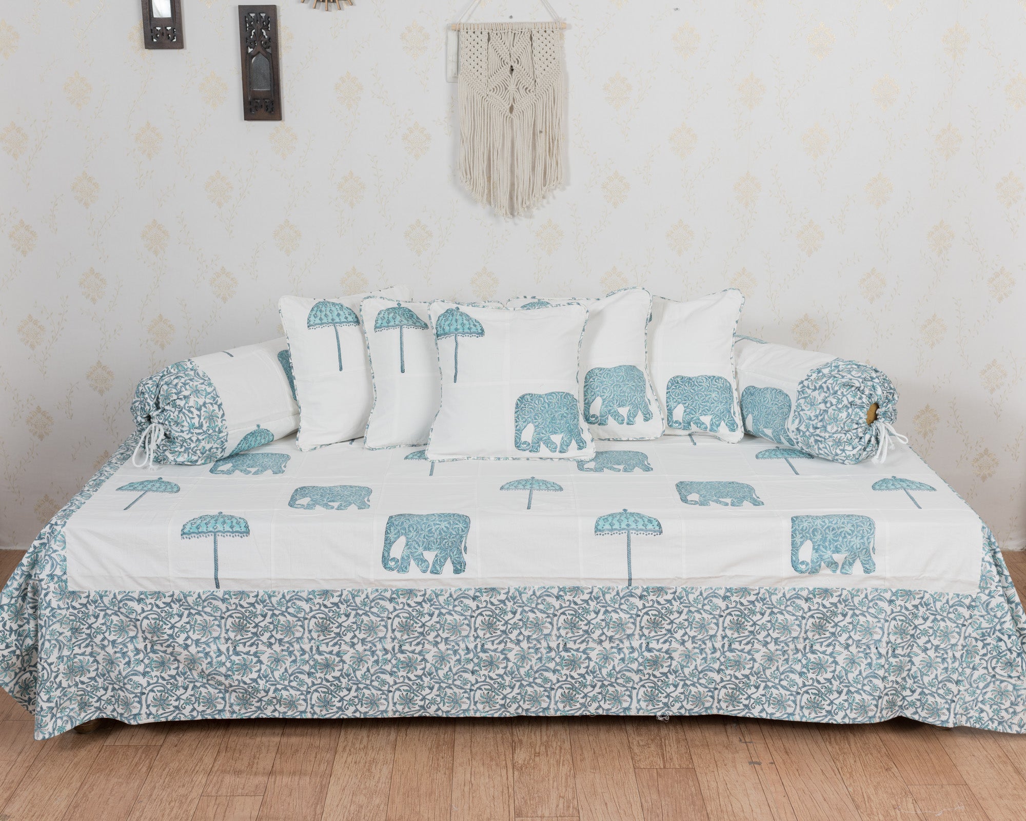 Cotton Diwan Set Set Turquoise Elephant Patch Work (6742740762723)