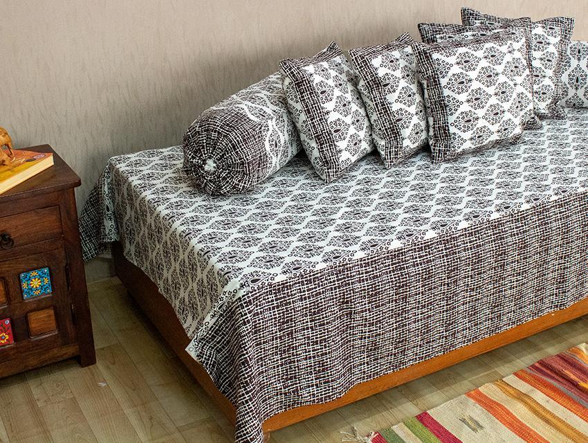 Cotton Diwan Set Black White Leaves Print 1 (6624088817763)