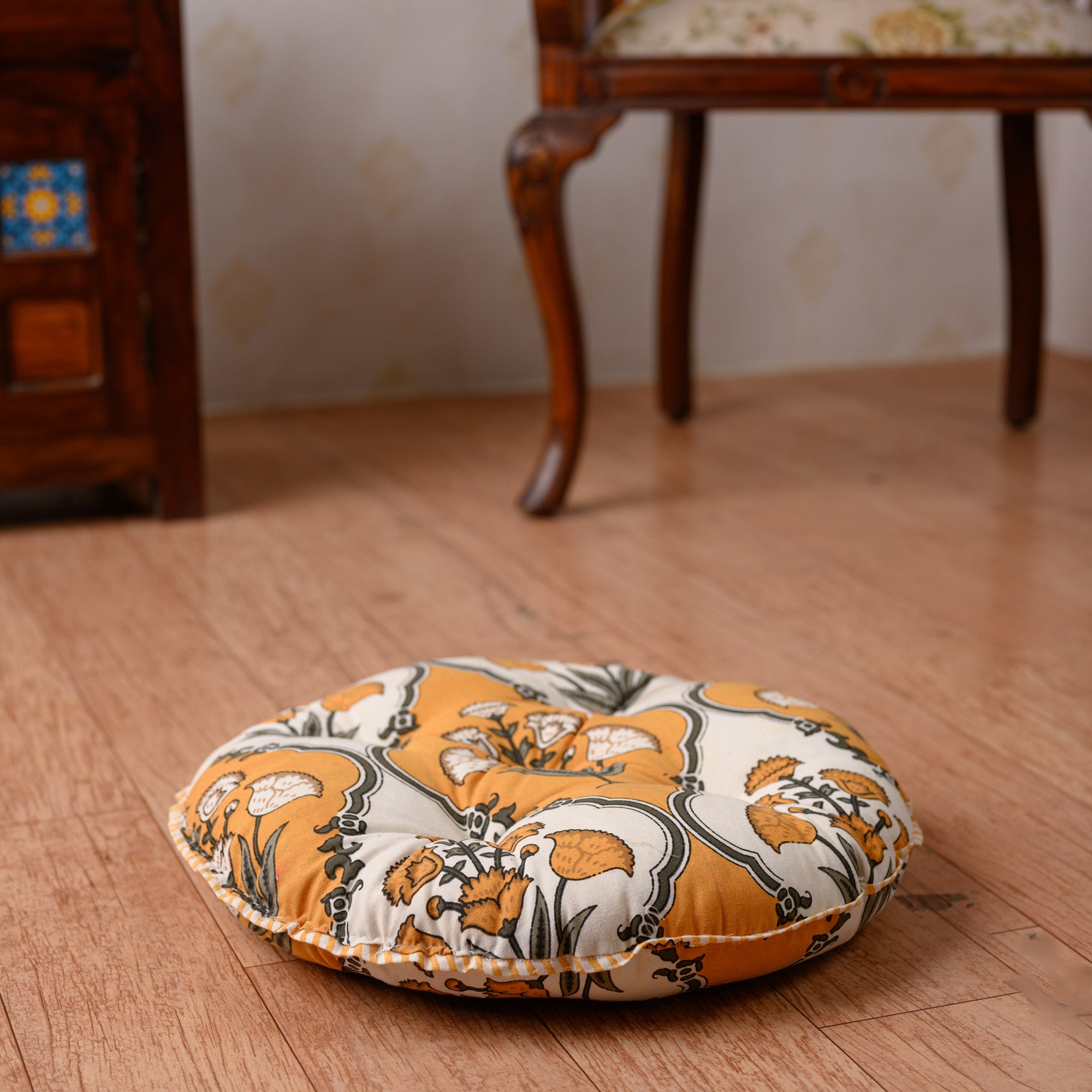Cotton Chair Cushion Round Yellow White Boota Print