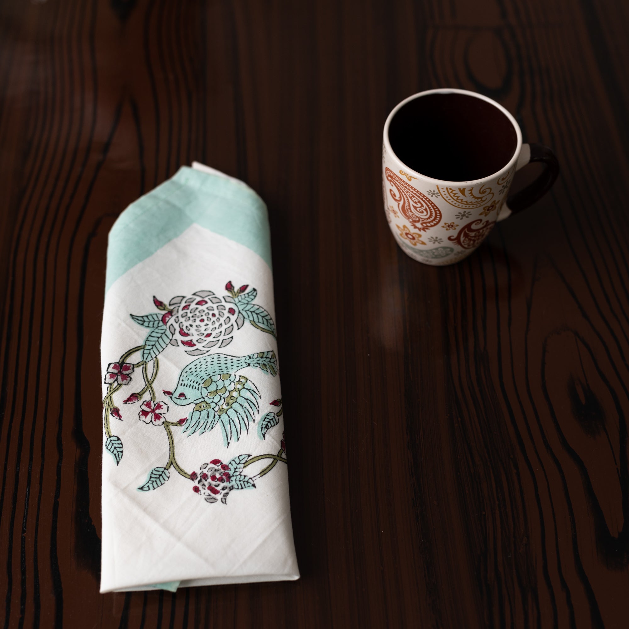 Cotton Napkin Light Green Red Bird Boota Block Print (6800611082339)