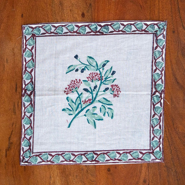 Cotton Mulmul Napkin Light Green Flower Stem Block Print (6648223039587)