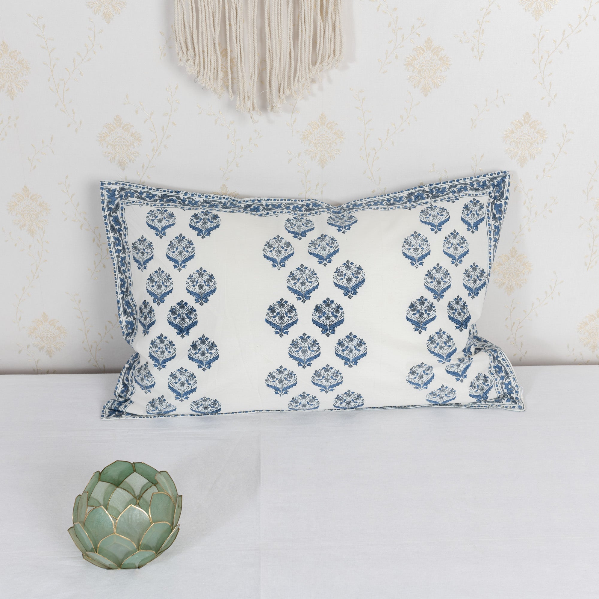 Cotton Pillow Cover Grey Blue Booti Block Print
