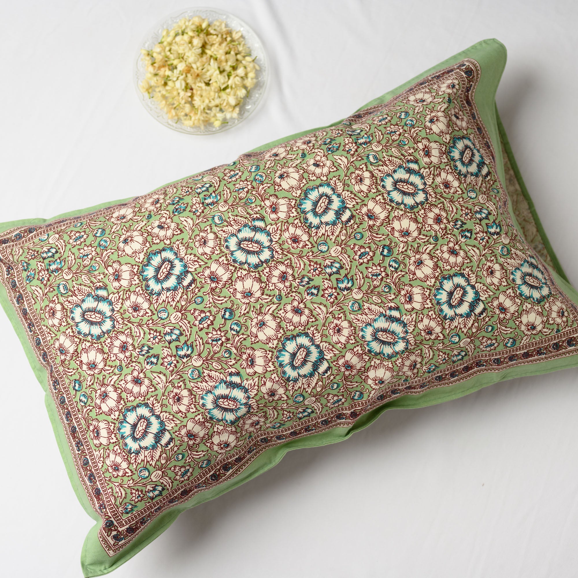 Cotton Pillow Cover Green Blue Floral Print 1 (6772660240483)