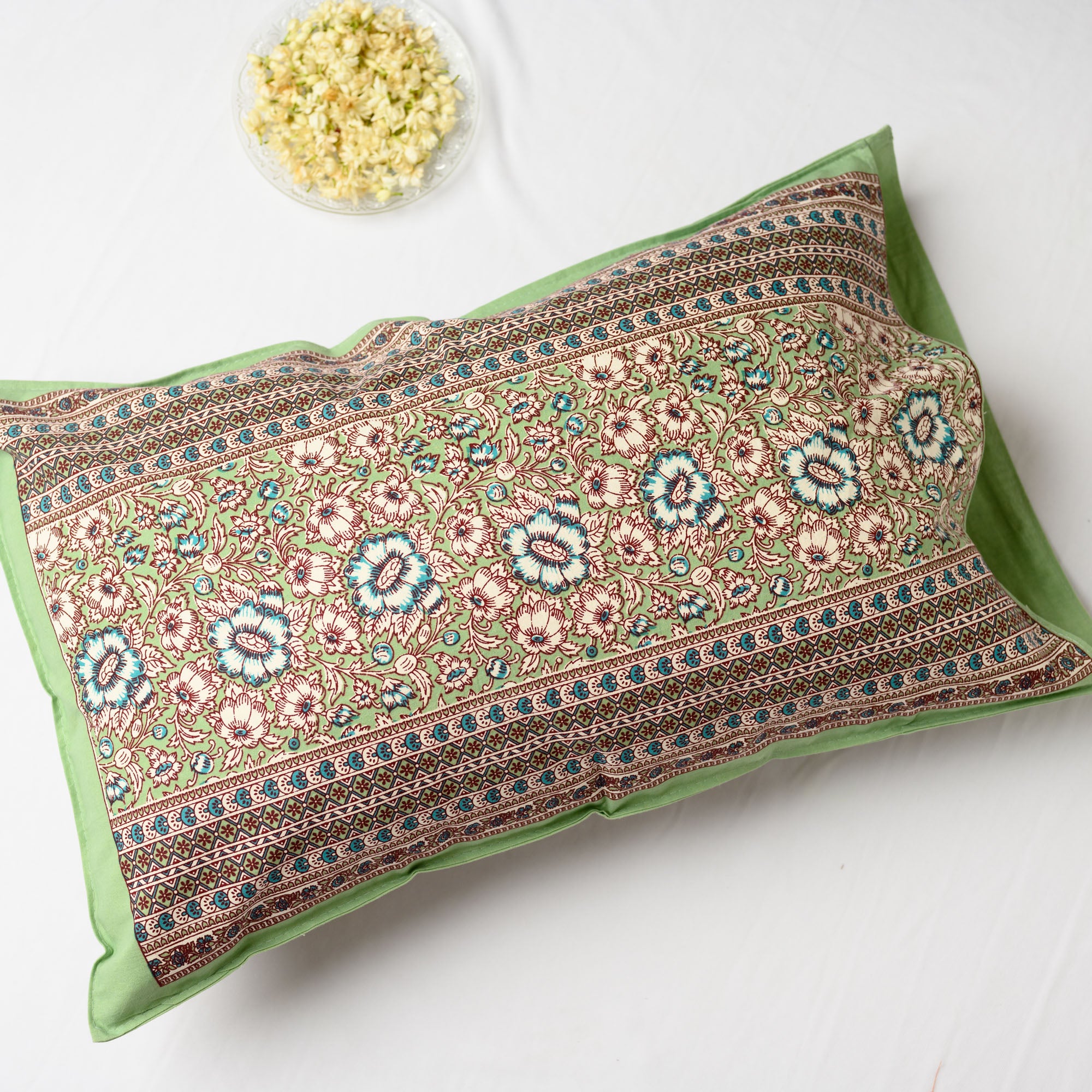Cotton Pillow Cover Green Blue Floral Print (6772660240483)