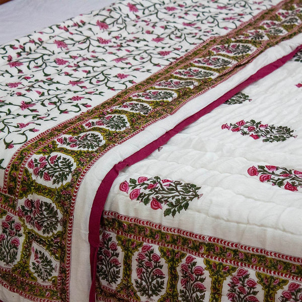 Cotton Double Bed Jaipuri Razai Quilt Pink Green Floral Jaal Block Print 1 (4790337208419)