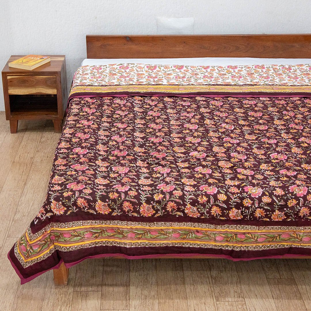 Cotton Double Bed Jaipuri Razai Quilt Maroon Pink Floral Jaal Block Pr