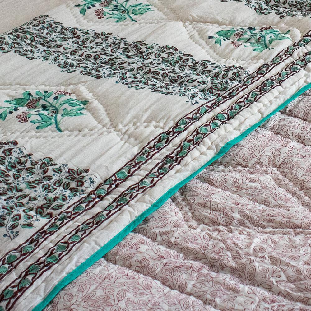Cotton Mulmul Double Bed Jaipuri Razai Quilt Light Green Floral Block Print 3 (4778029973603)