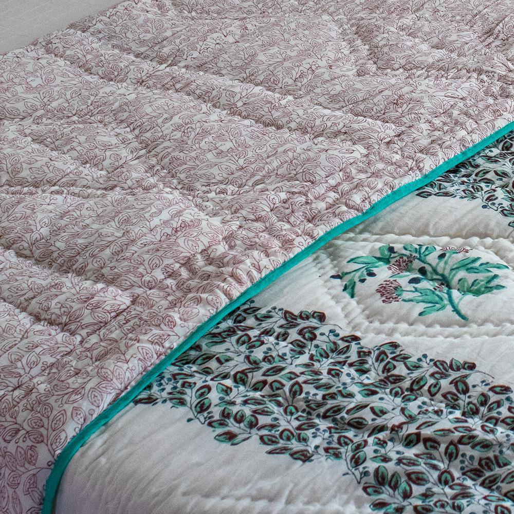 Cotton Mulmul Double Bed Jaipuri Razai Quilt Light Green Floral Block Print 3 (4778029973603)