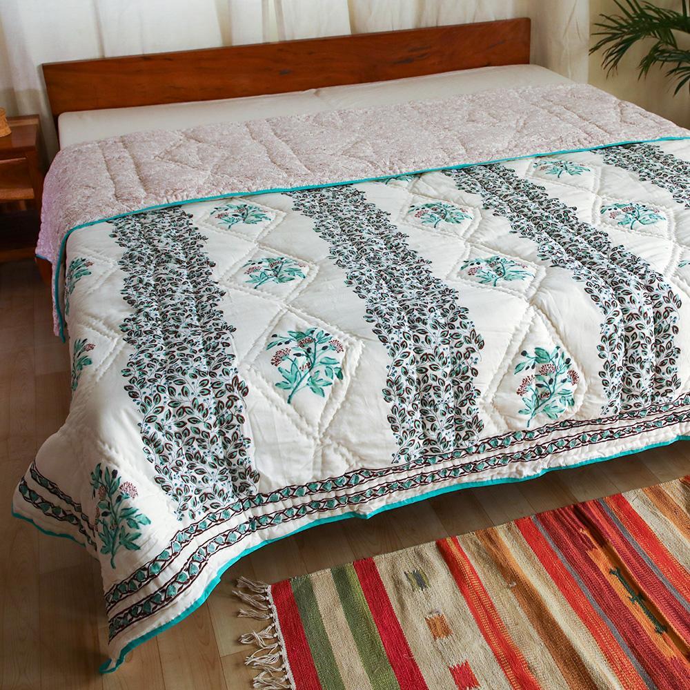 Cotton Mulmul Double Bed Jaipuri Razai Quilt Light Green Floral Block Print 1 (4778029973603)