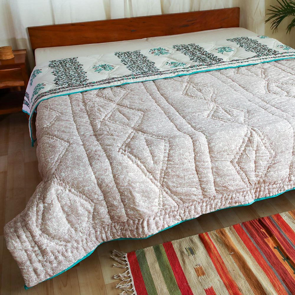 Cotton Mulmul Double Bed Jaipuri Razai Quilt Light Green Floral Block Print 2 (4778029973603)