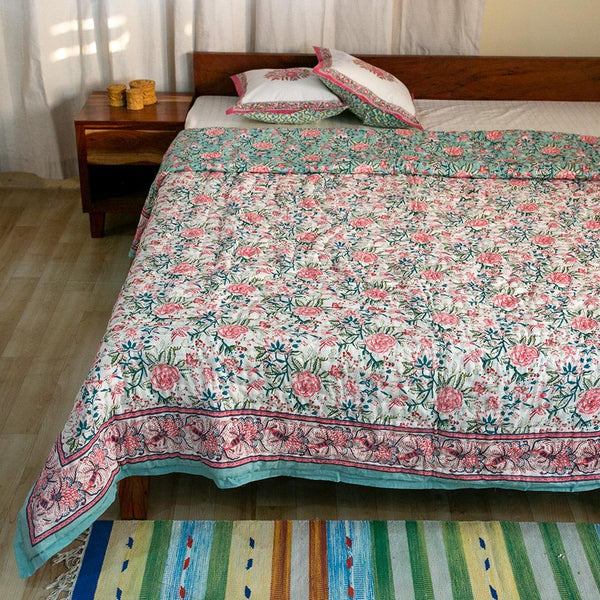 Cotton Mulmul Double Bed Jaipuri Razai Quilt Pista Green Rose Jaal Print 1 (4736316768355)