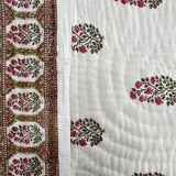 Cotton Mulmul Single Bed Jaipuri Razai Quilt Pink Green Floral Jaal Block Print 5 (6666845290595)