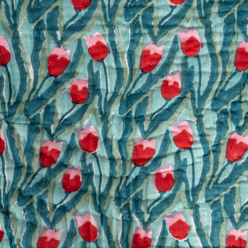 Cotton Single Bed Razai Jaipuri Quilt Sea Green Red Tulip Block Print 3 (6820997562467)