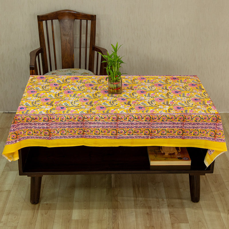 Cotton Table Cover Yellow Pink Foral Block Print 2 (6689292124259)