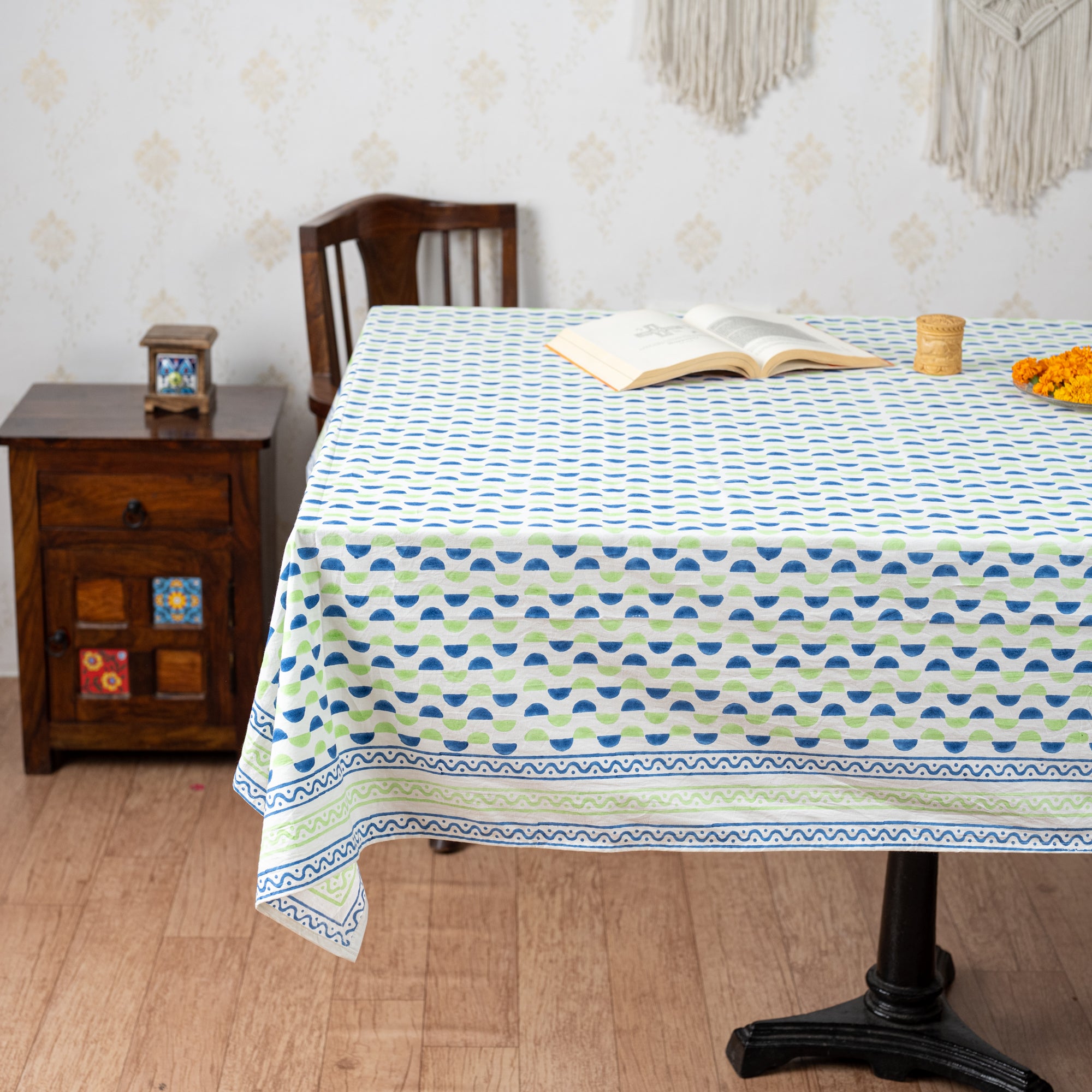 Fine Cotton Table Cover Blue Green Leher Block Print (6800618553443)