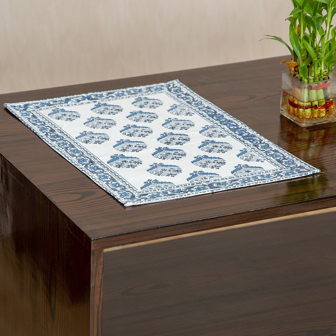 Canvas Table Mat Blue Grey Floral Bel Block Print (6629398020195)