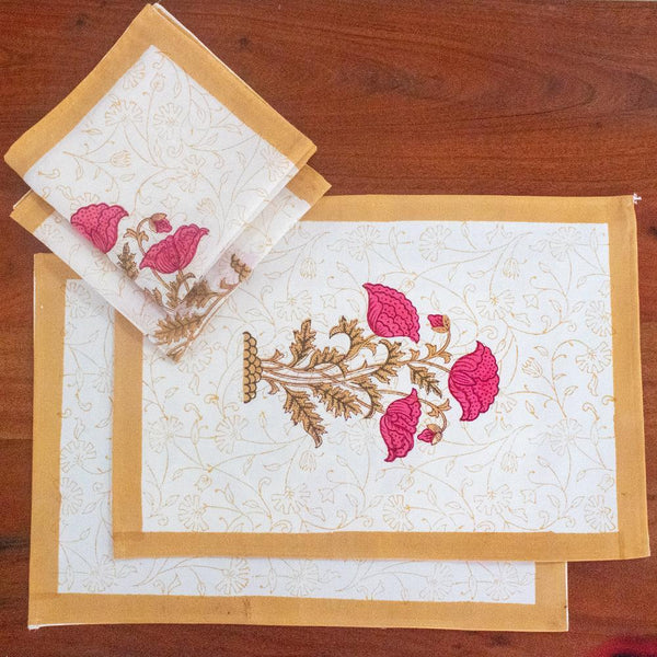 Canvas Table Mat with Napkin Pink Brown Floral Boota Block Print (6571167678563)
