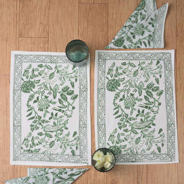 Canvas Table Mat and Napkin Set Green Floral Block Print (6744322080867)