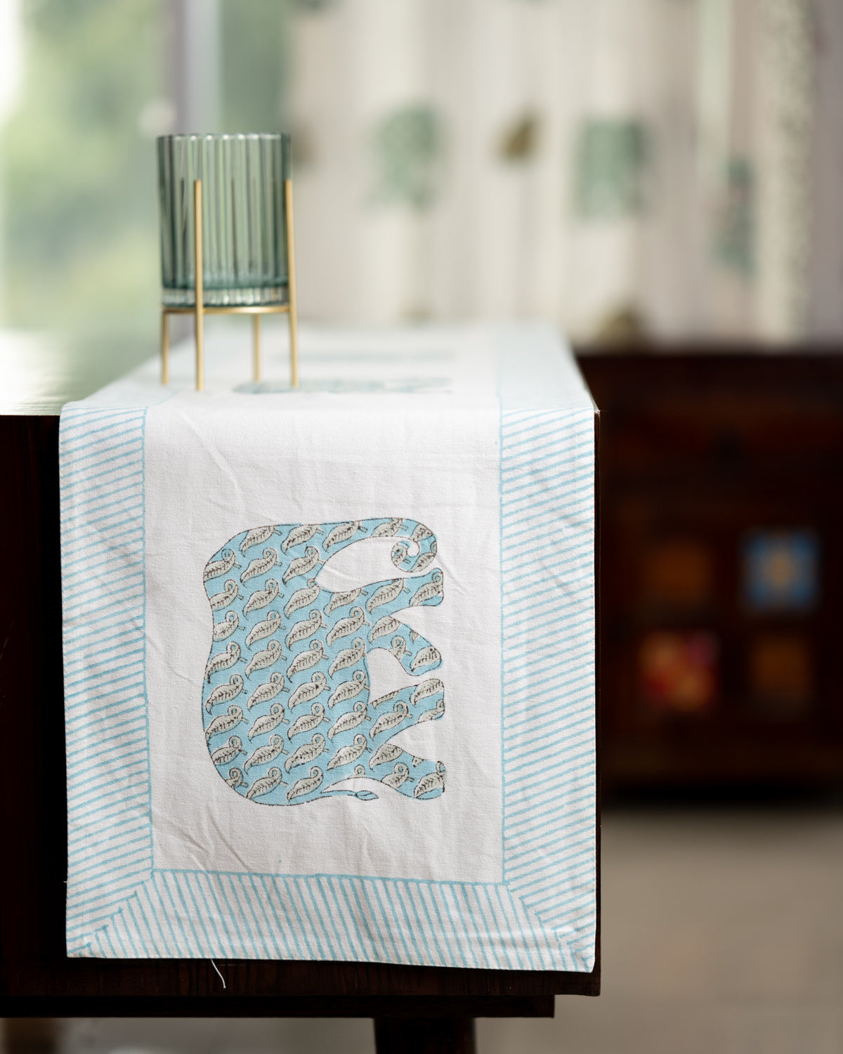 Canvas Table Runner Light Blue Elephant Block Print (6802544328803)