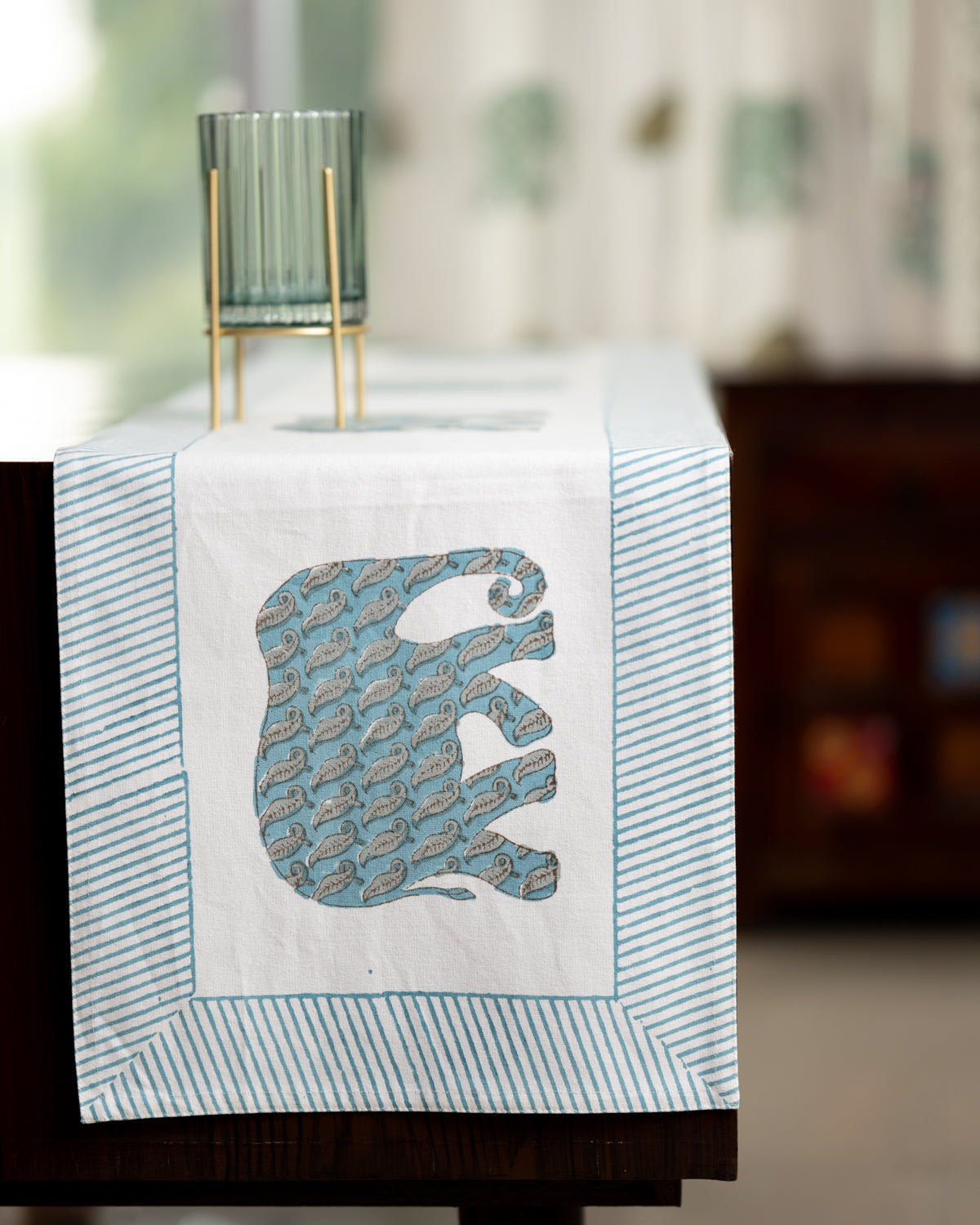 Canvas Table Runner Blue Elephant Block Print (6802544361571)