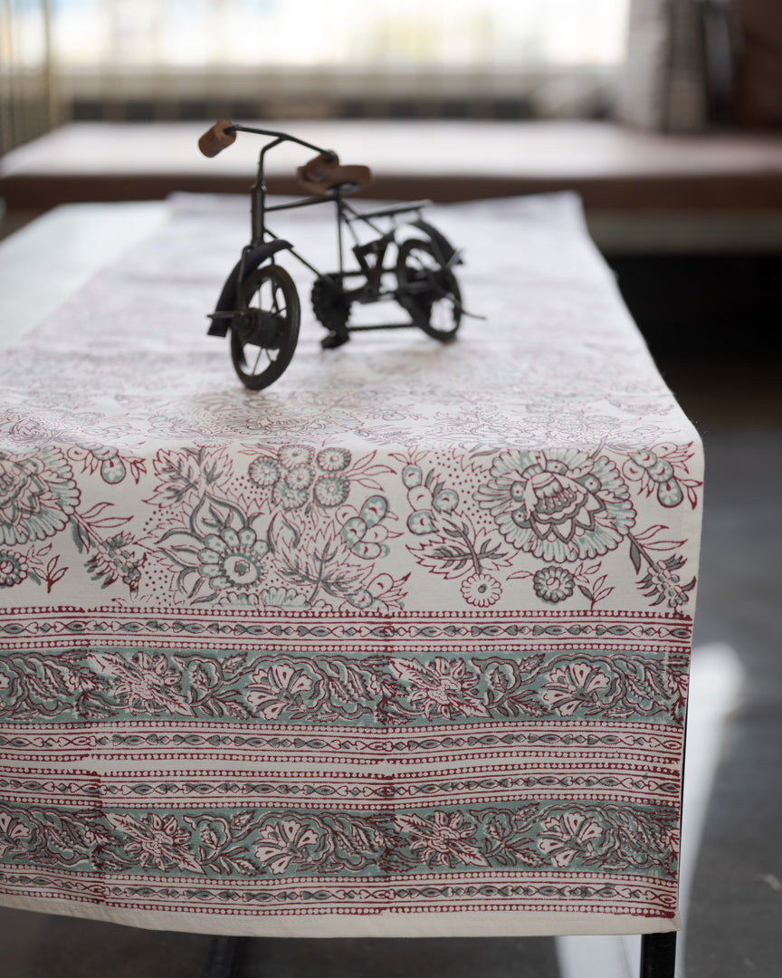 Canvas Table Runner Green Pink Floral Block Print (6744323391587)
