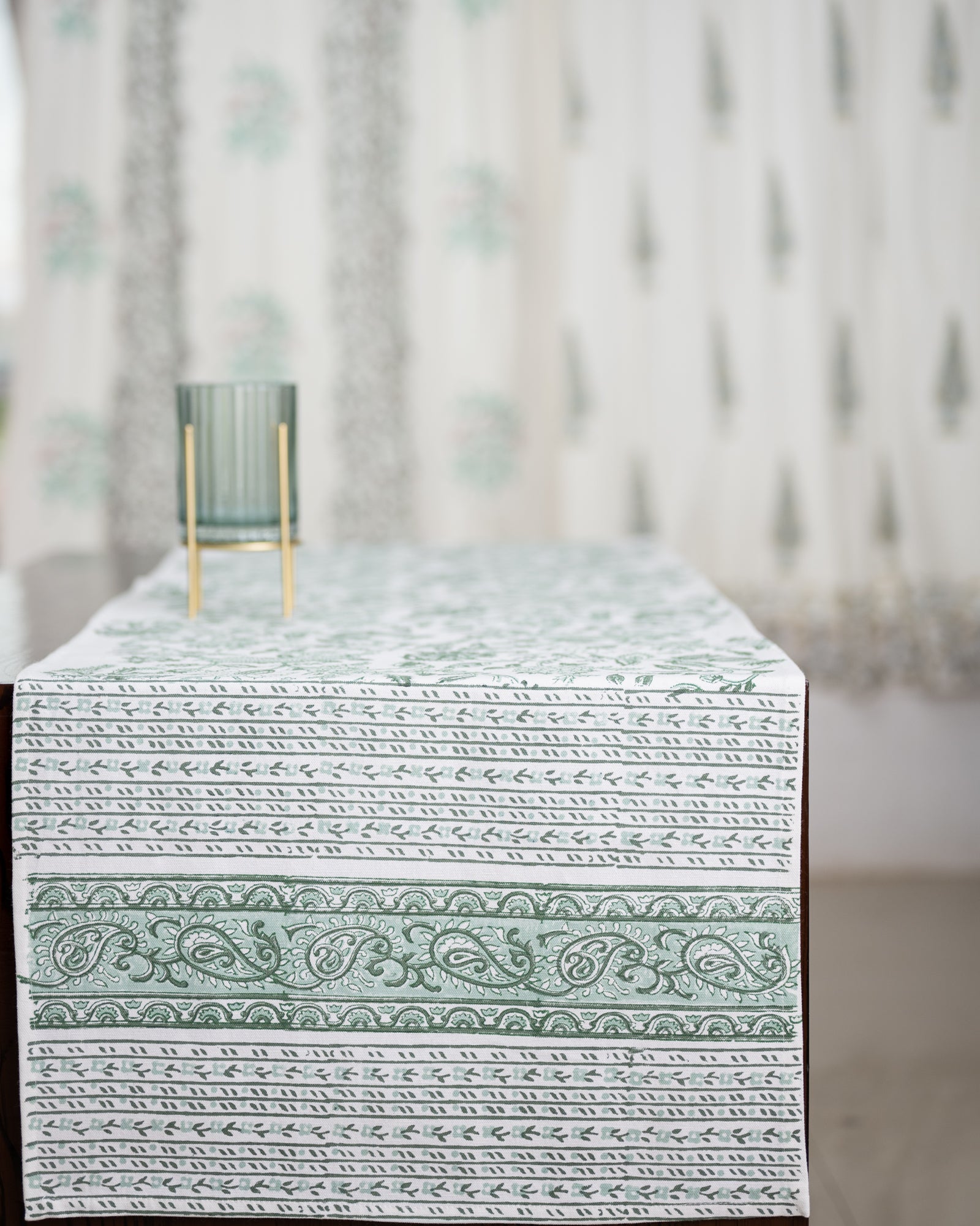 Canvas Table Runner Green Floral Block Print (6756777394275)