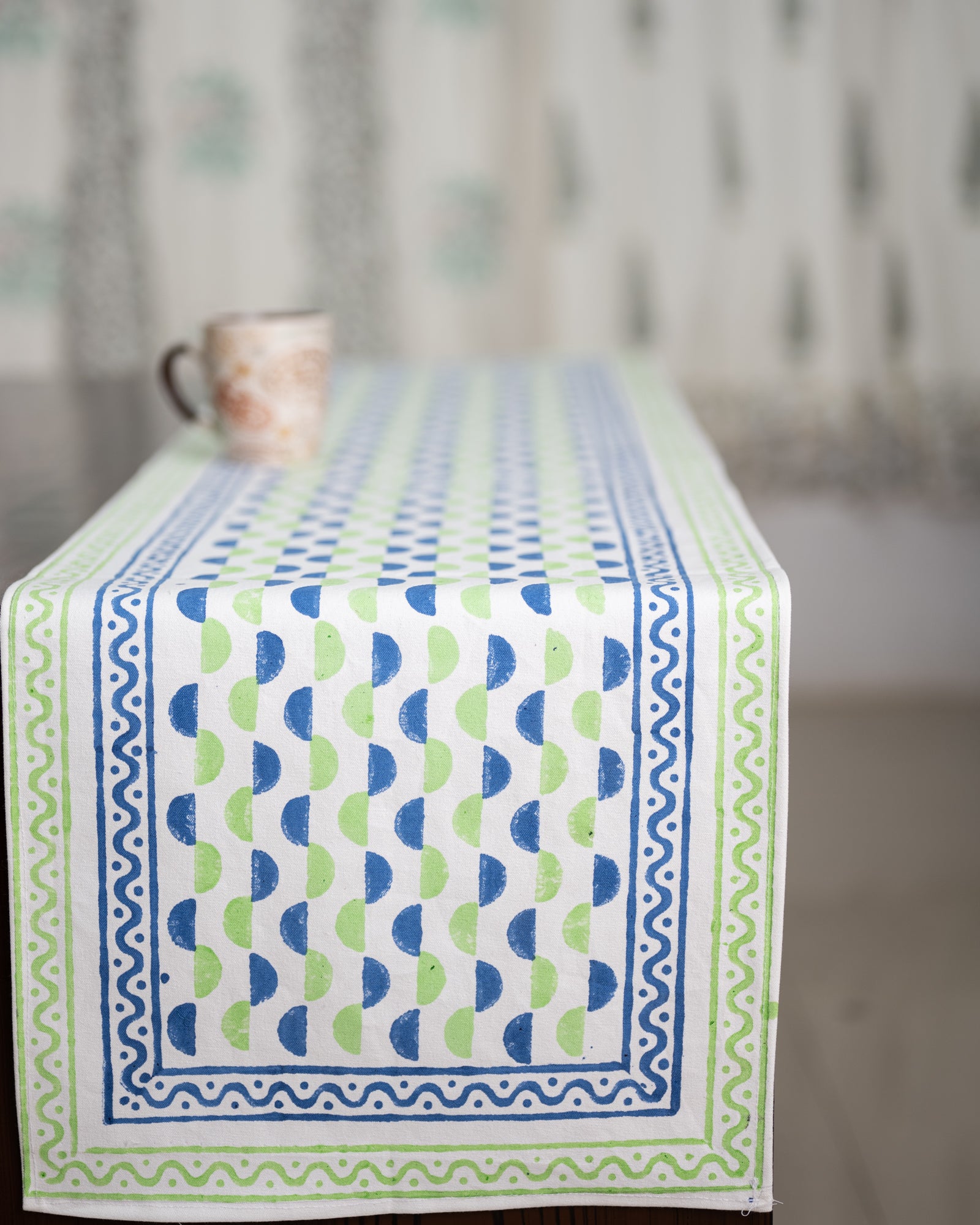 Canvas Table Runner Blue Green Leher Block Print (6802544230499)