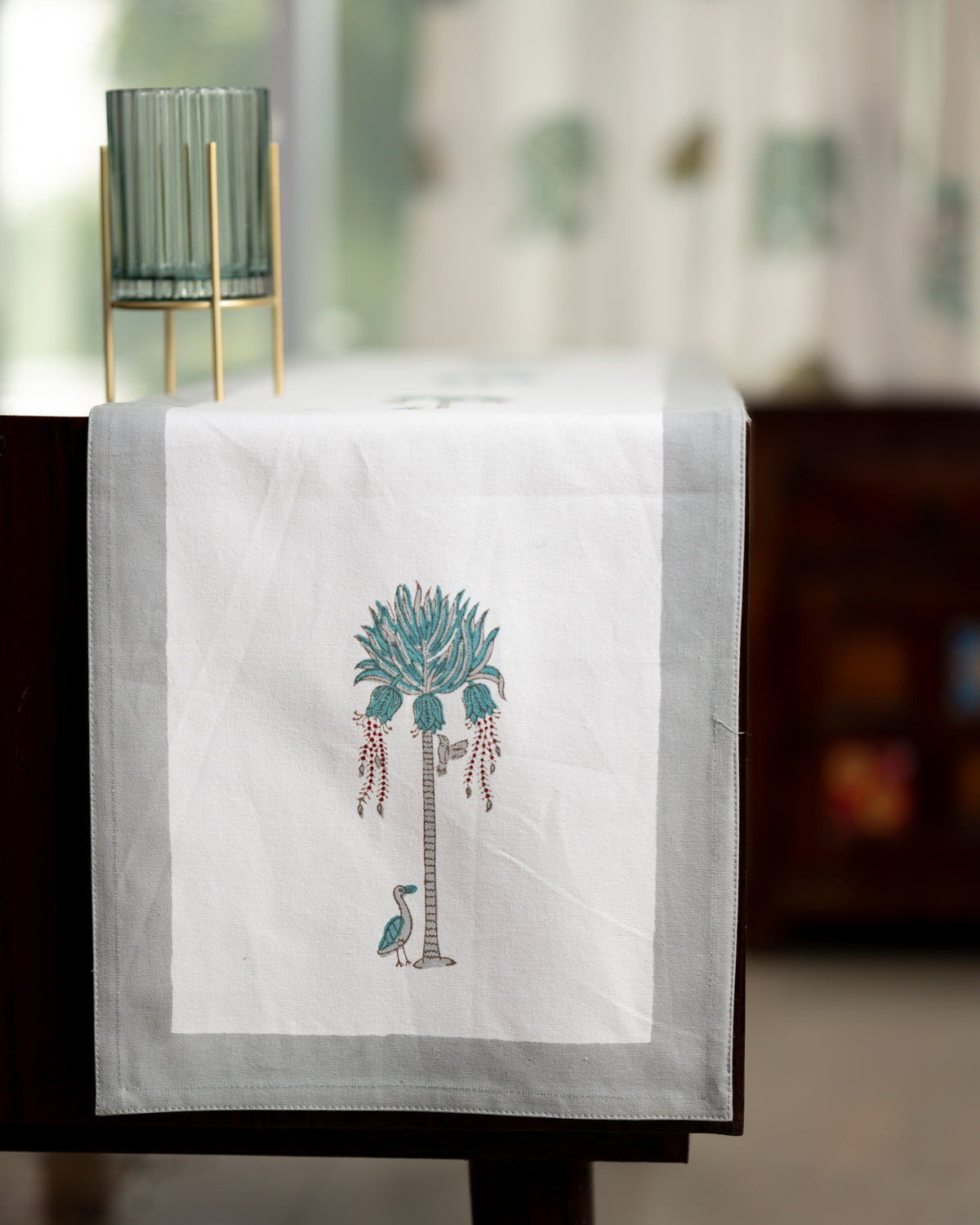 Canvas Table Runner Grey Sea Green Tree Motifs Block Print (6802544656483)