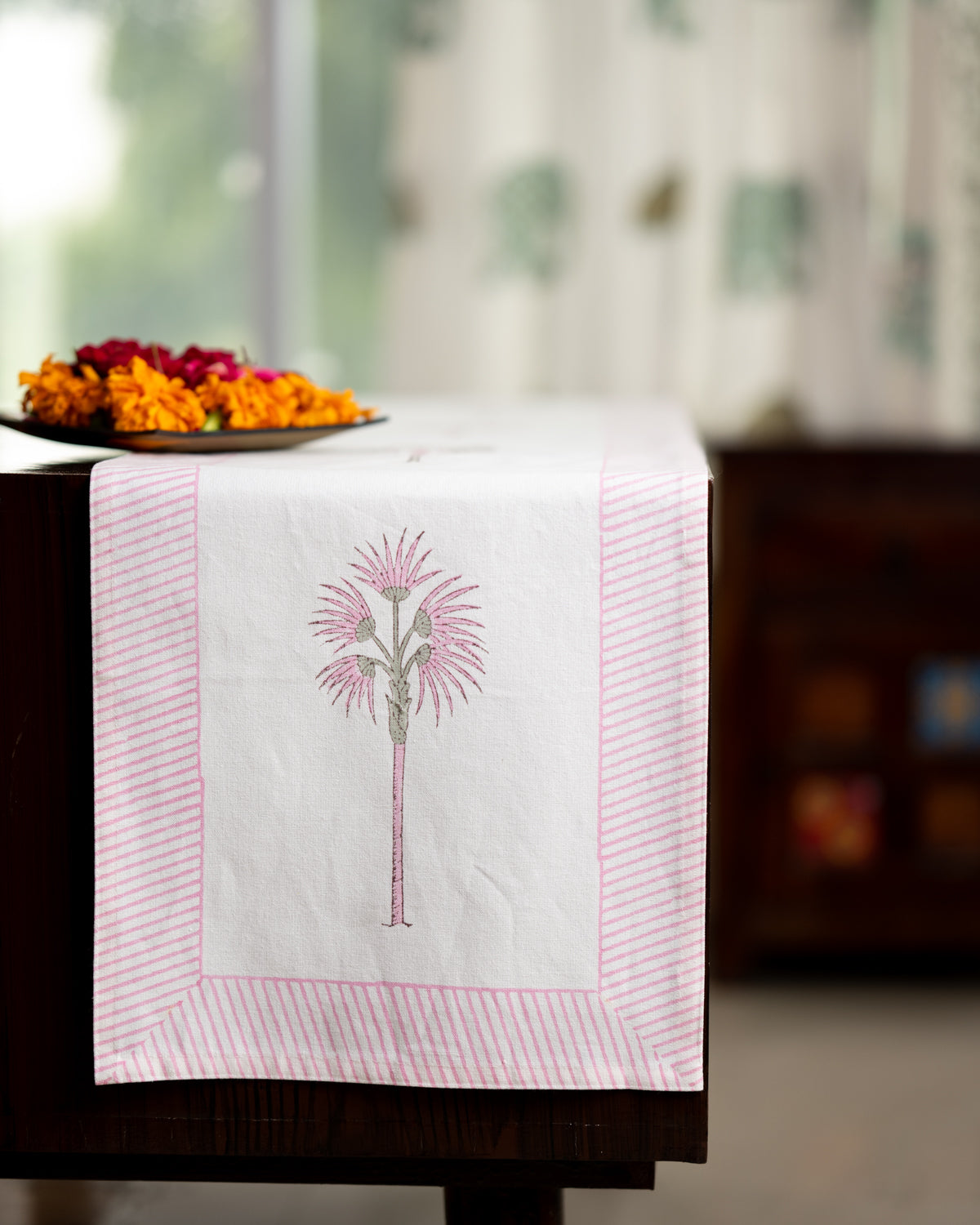 Canvas Table Runner Pink Green Tree Block Print (6802544853091)