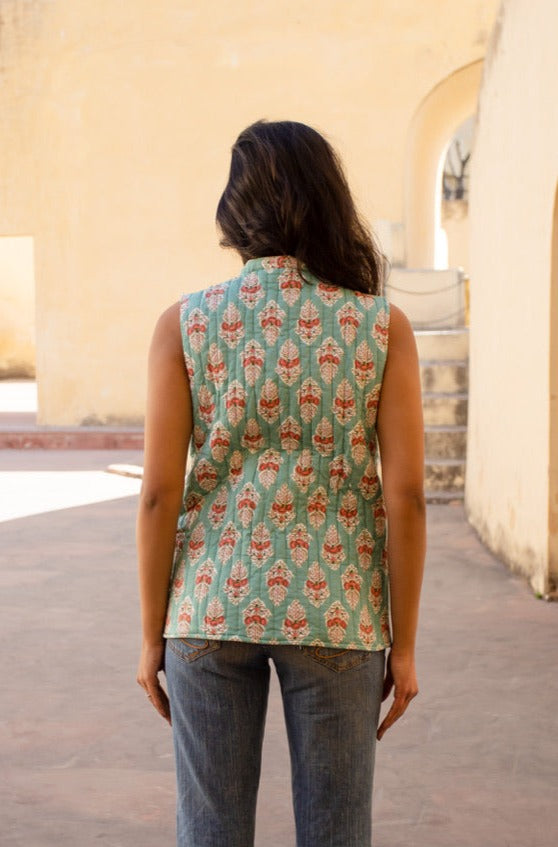 Quilted Sleeveless Jacket - Green and Pink - Buti - Phool