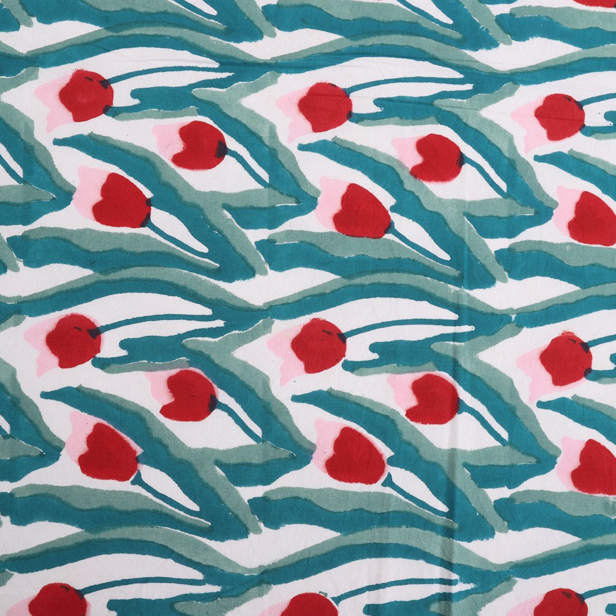 Cotton King Size Bedsheet White Red Tulip Block Print (1544782315619)