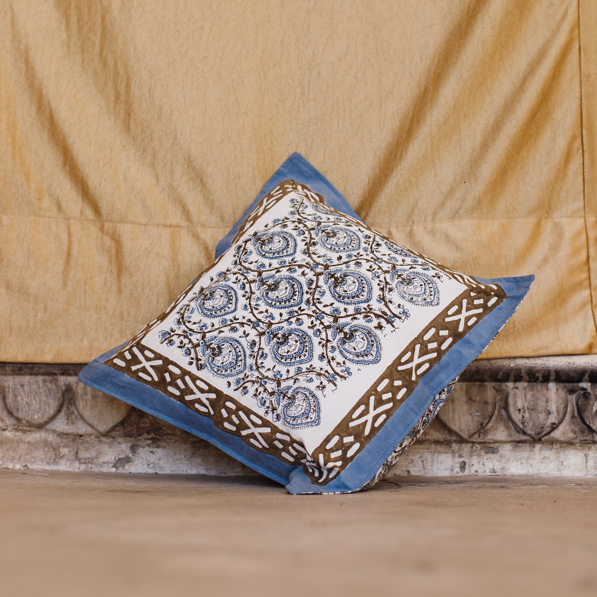 Cotton Cushion Cover Grey Brown Leaf Jaal Block Print